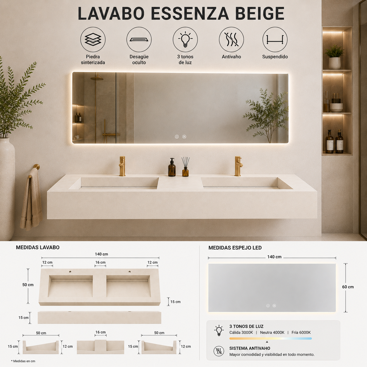Lavabo Essenza Beige de piedra sinterizada con espejo LED 140 - Conjunto suspendido de baño