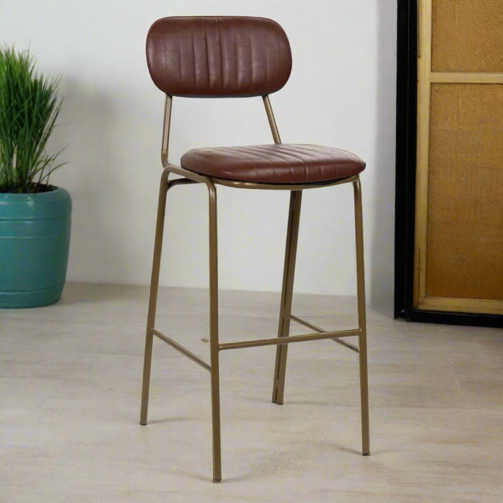 Taburete de bar vintage acero dorado y semi piel marrón Jerald H75