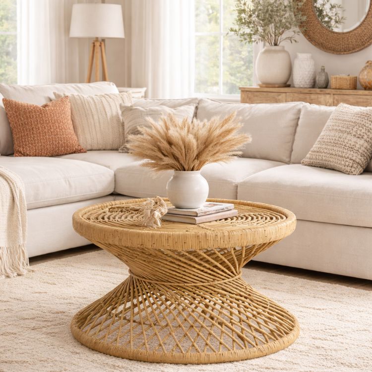 Mesa centro redonda de bambú natural trenzado Benín 80 - Vintahome