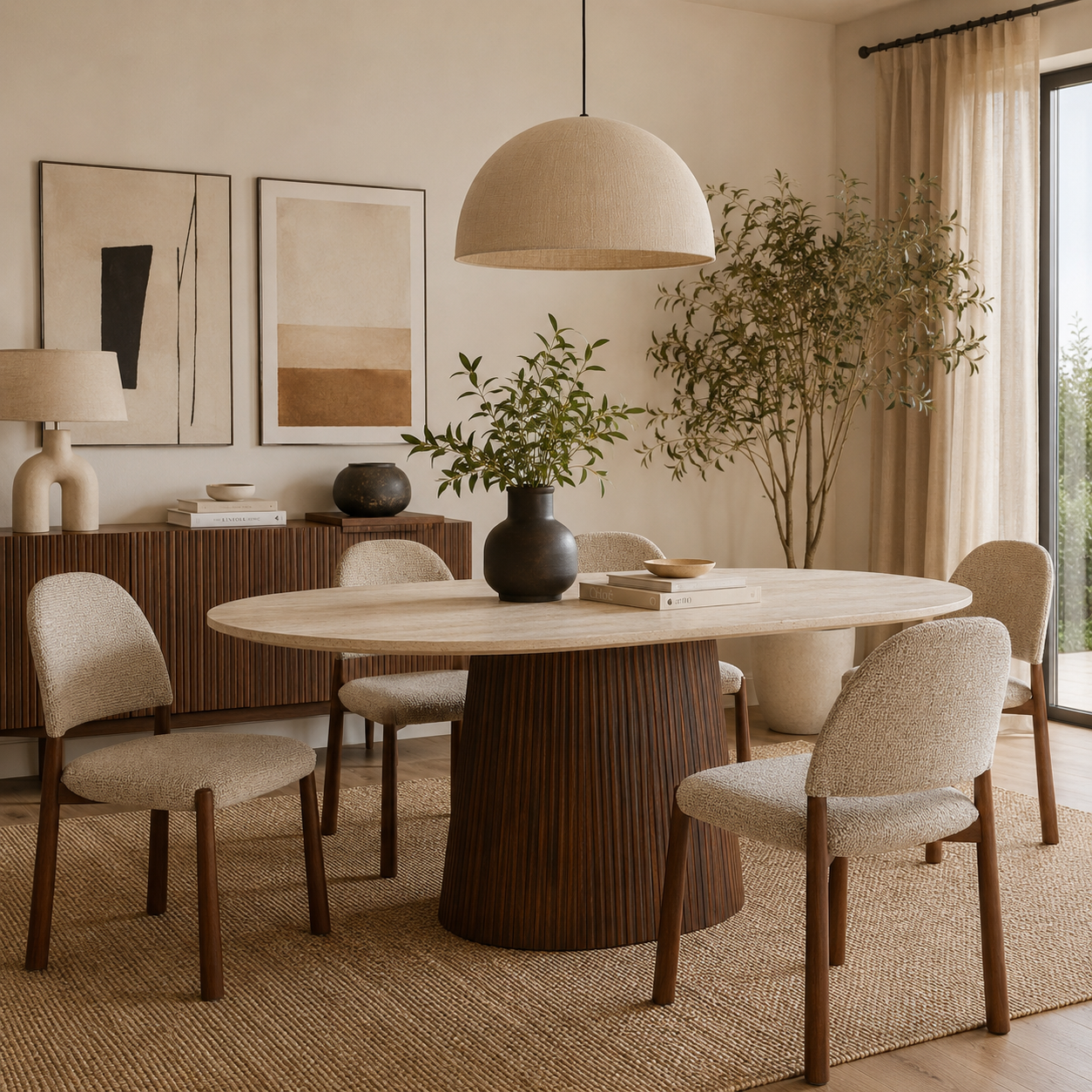 Mesa de comedor oval Aurelia 200 cm en piedra sinterizada efecto travertino con base nogal