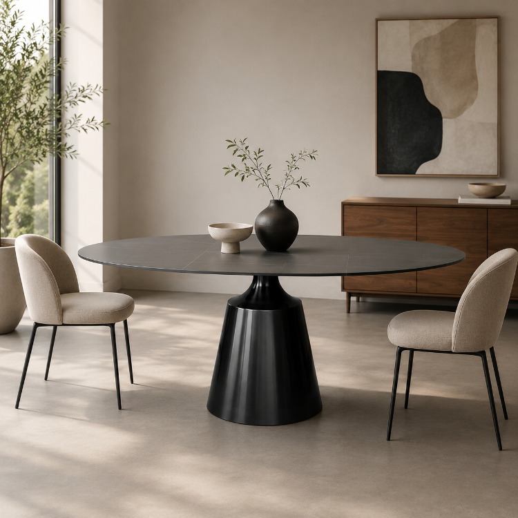 Mesa de jantar oval cinza grafite com base central preta com acabamento em ônix e tampo com efeito de pedra sinterizada em um ambiente aconchegante e minimalista