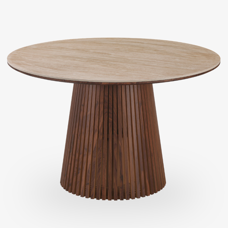 Mesa de comedor redonda Elara 120 cm con tablero de piedra sinterizada efecto travertino y base de madera