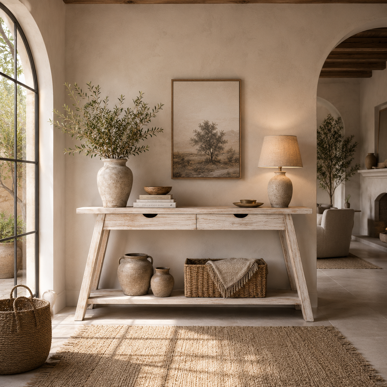 Mesa Consola Aina de madera maciza de mango natural de 180 cm decorando un recibidor de estilo mediterráneo con ventanal de arco.