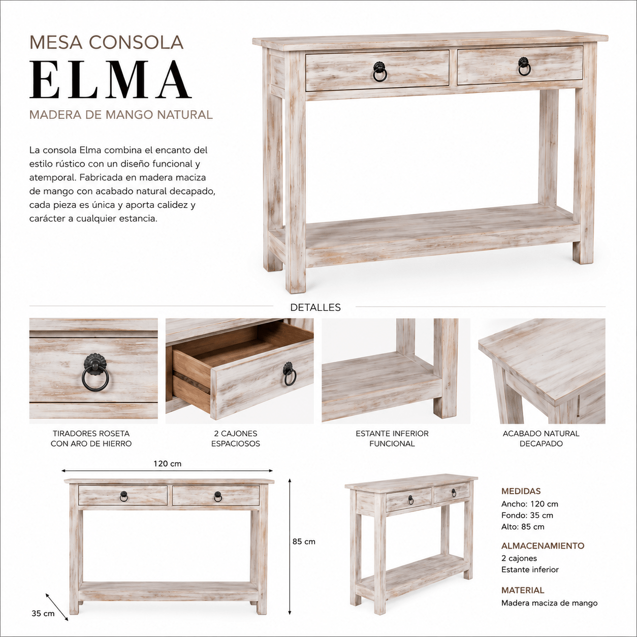 Elma Konsolentisch aus natürlichem Mangoholz 120 cm - Vintahome