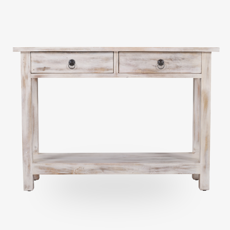 Mesa Consola Elma de madera maciza de mango natural con dos cajones, tiradores de roseta de hierro y estante inferior.