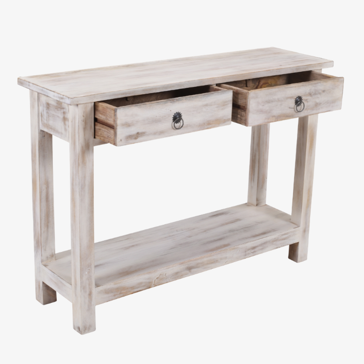 Vista lateral de la Mesa Consola Elma fabricada en madera maciza de mango con acabado natural envejecido.