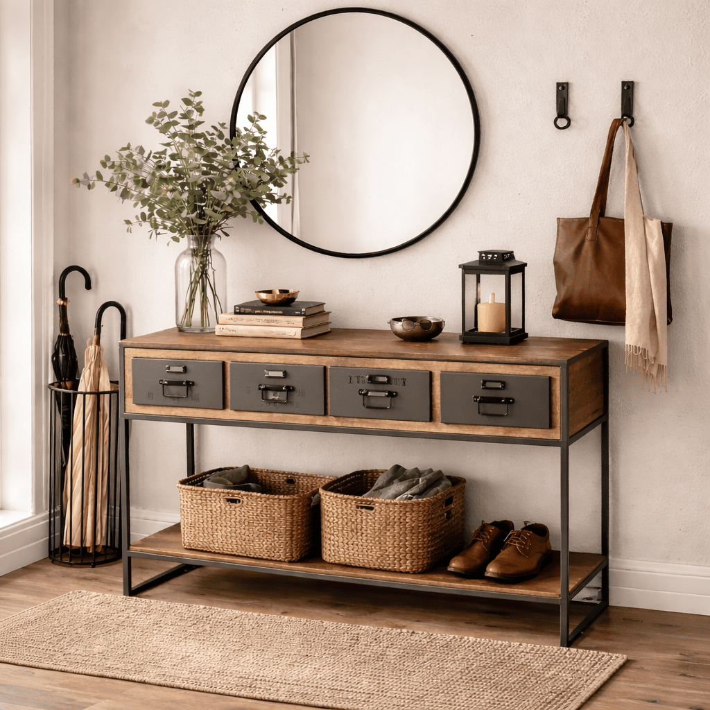 Industrieller Konsolentisch IRONVAULT aus Stahl und Mangoholz - Vintahome