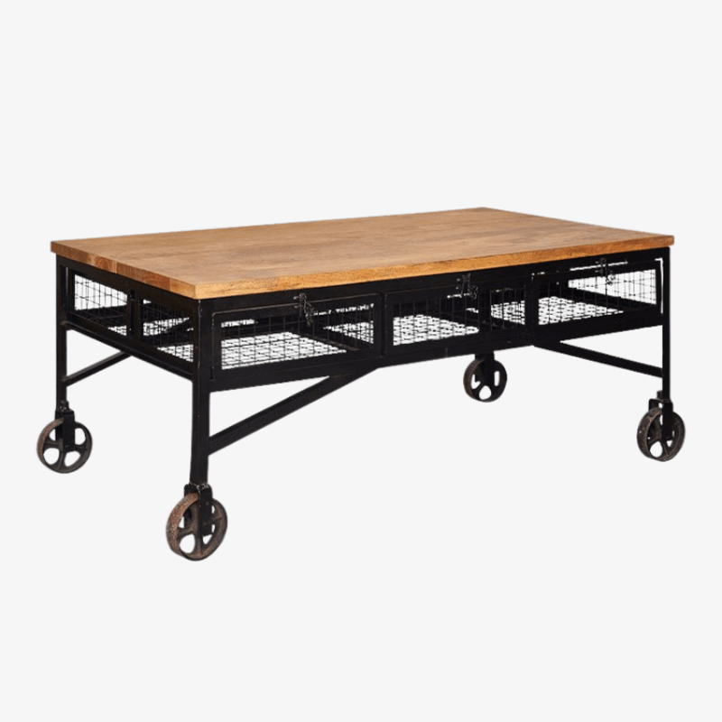 Mesa de centro industrial madera de mango con ruedas Castell - Vintahome