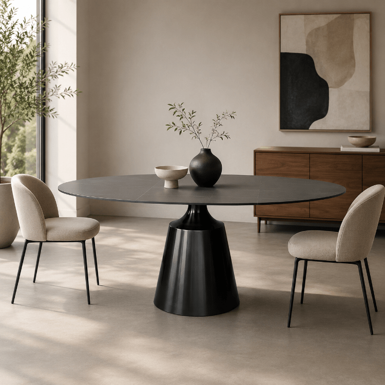 Table à manger ovale gris graphite avec piétement central noir finition onyx et plateau effet pierre frittée dans une ambiance chaleureuse et minimaliste