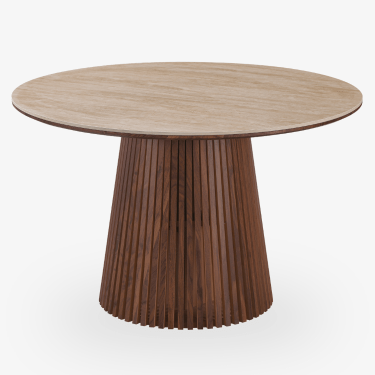 Mesa de comedor redonda en piedra sinterizada efecto travertino Elara 120 cm - Vintahome