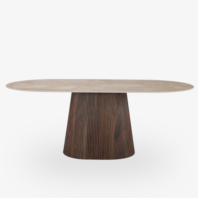 Mesa oval Aurelia de 200 cm con tablero de piedra sinterizada efecto travertino y base estriada nogal