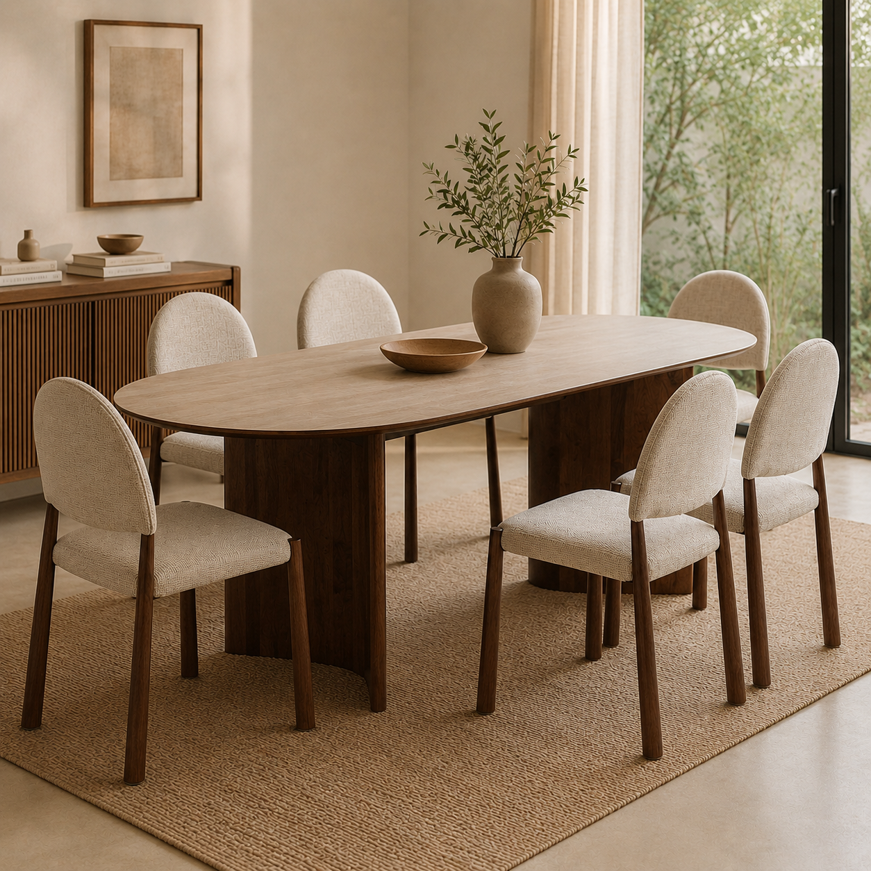 Mesa oval Calista de piedra sinterizada efecto travertino en ambiente de comedor