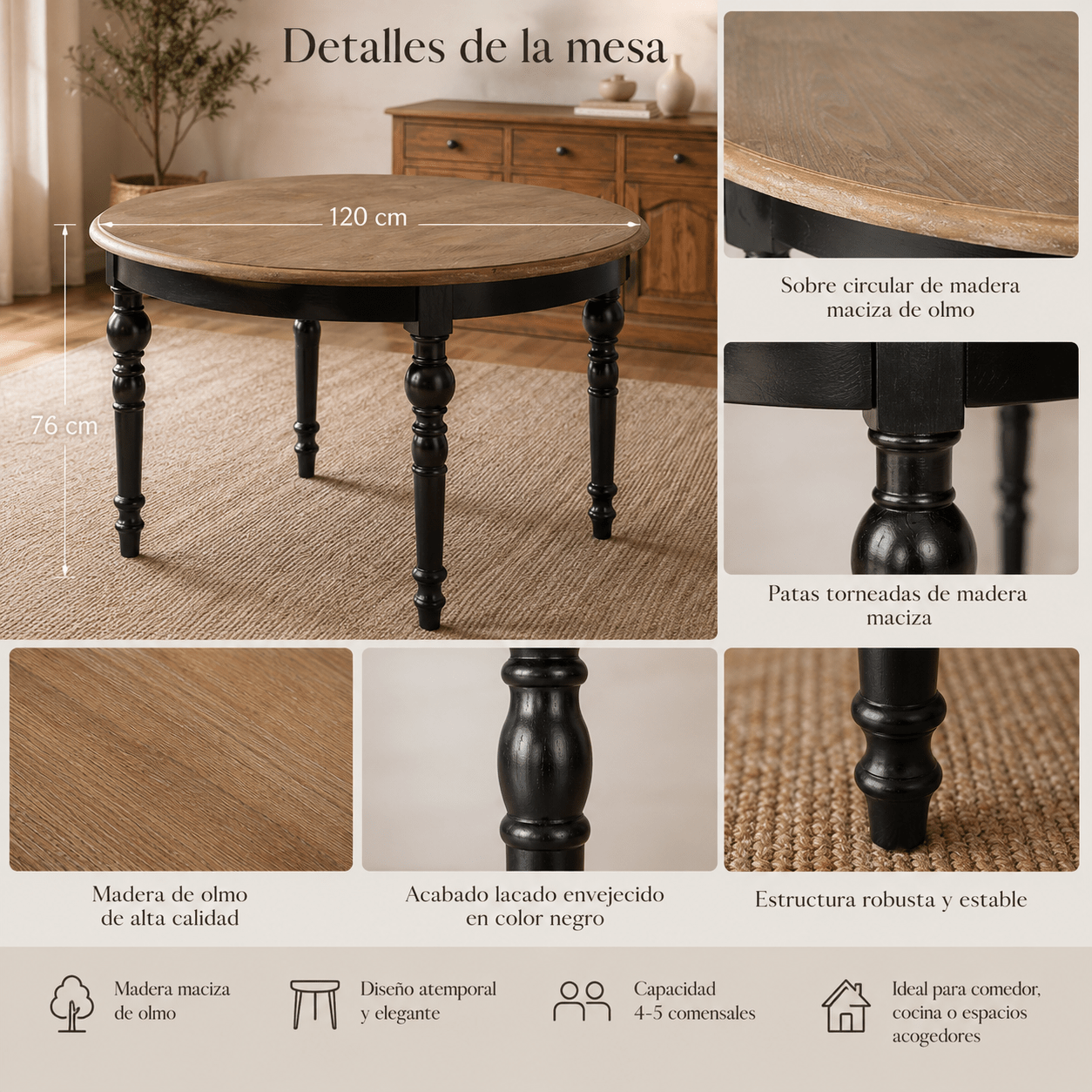 Mesa redonda Yure de olmo macizo 120 cm - Vintahome