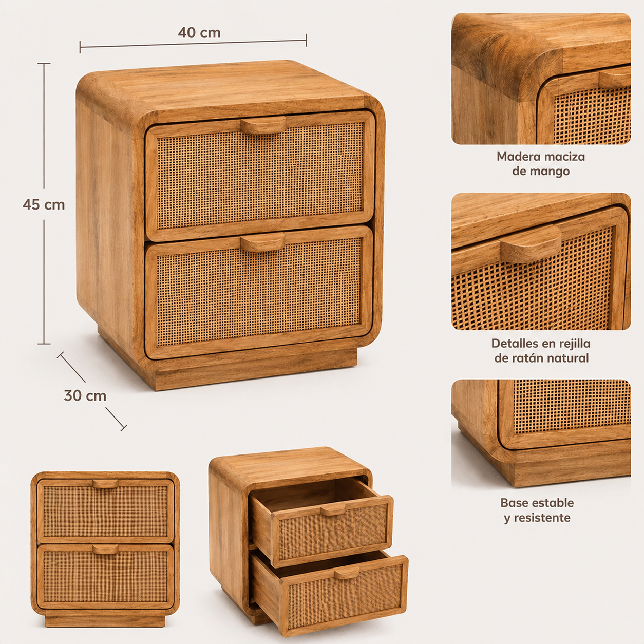 Mesilla de noche Liora de madera de mango y yute natural - Vintahome