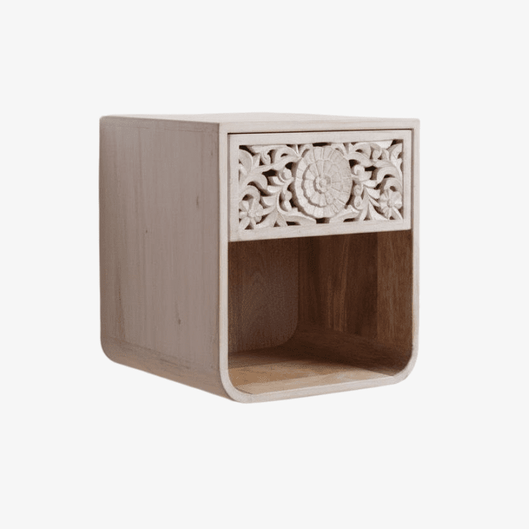 NILA nachtkastje in massief hout met uitgesneden voorkant – Worn White - Vintahome