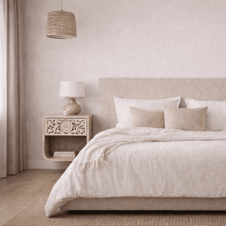 NILA Nachttisch aus Massivholz mit geschnitzter Vorderseite – Worn White – Vintahome