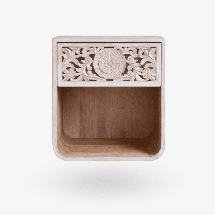 NILA Nachttisch aus Massivholz mit geschnitzter Vorderseite – Worn White – Vintahome