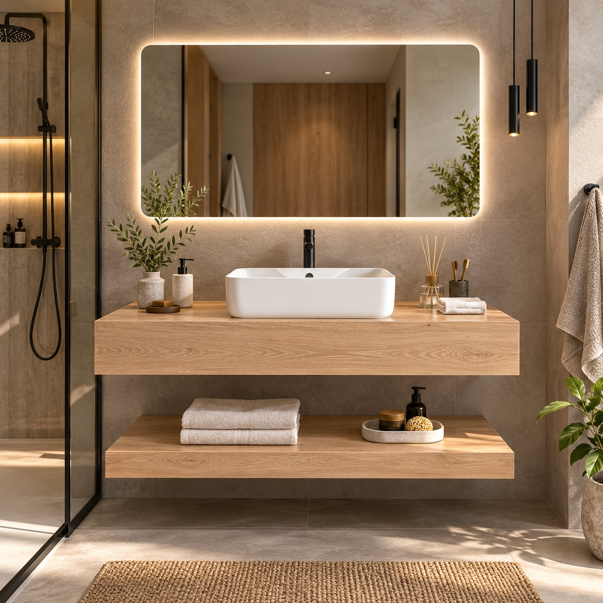 Mueble de Baño Encimera 1 Lavabo y Espejo LED KAEL Natural – 100/120 cm