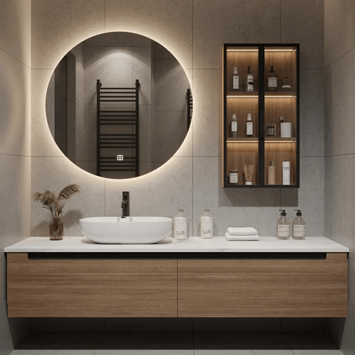Mueble de baño Michigan 140 cm en madera con lavabo, espejo LED y armario auxiliar