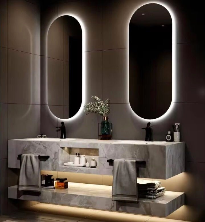 Móveis de banheiro 140 com duas pias e espelhos LED Milor