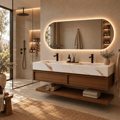 Mueble de baño Alira 140 · Nogal y Calacatta Oro con Espejo Oval LED - Vintahome