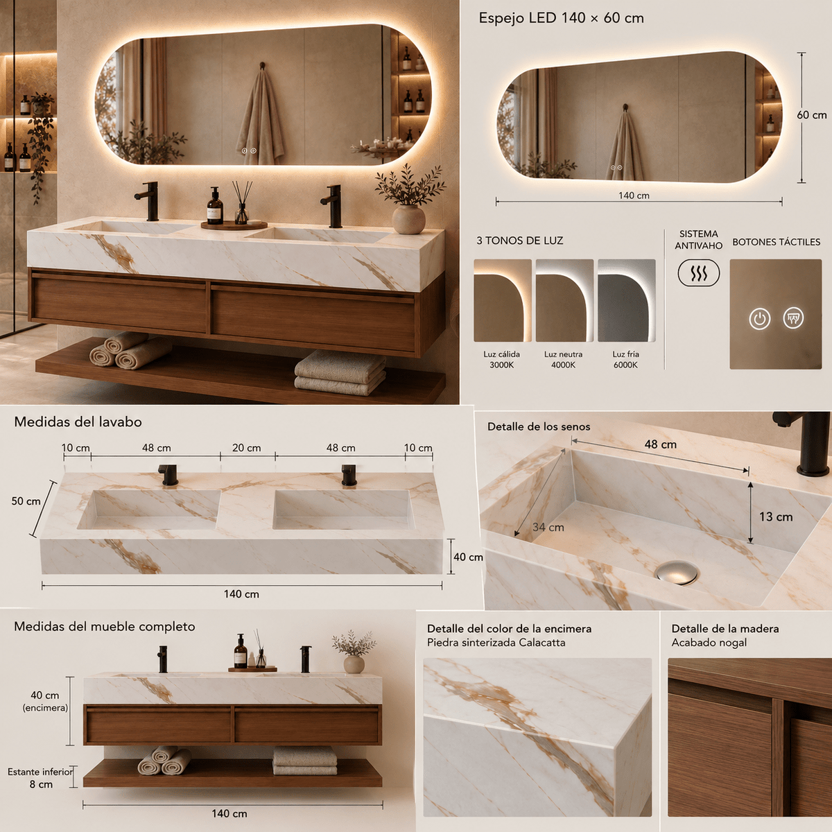 Mueble de baño Alira 140 · Nogal y Calacatta Oro con Espejo Oval LED - Vintahome