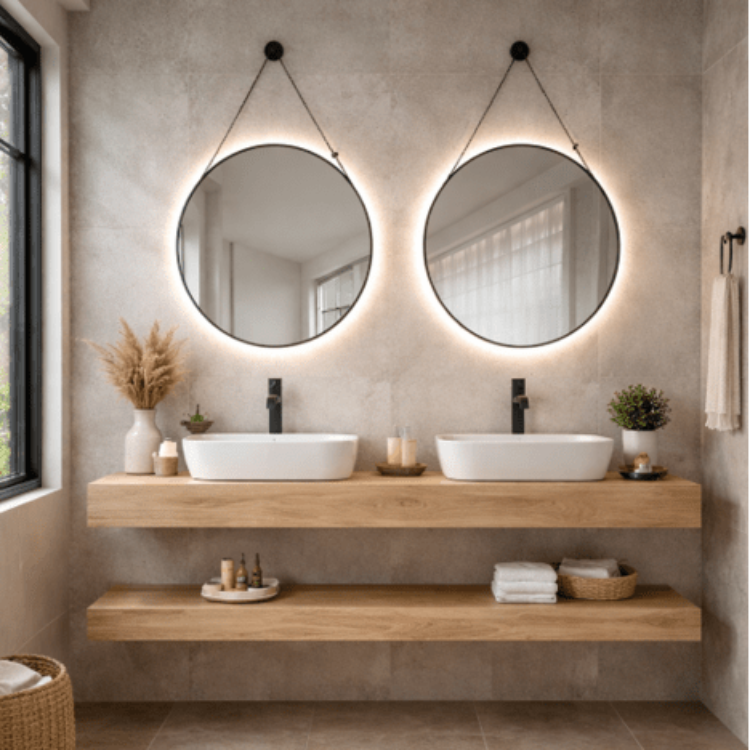 Mueble de baño encimera 2 lavabos 140 + espejos led Mauricio natural - Vintahome