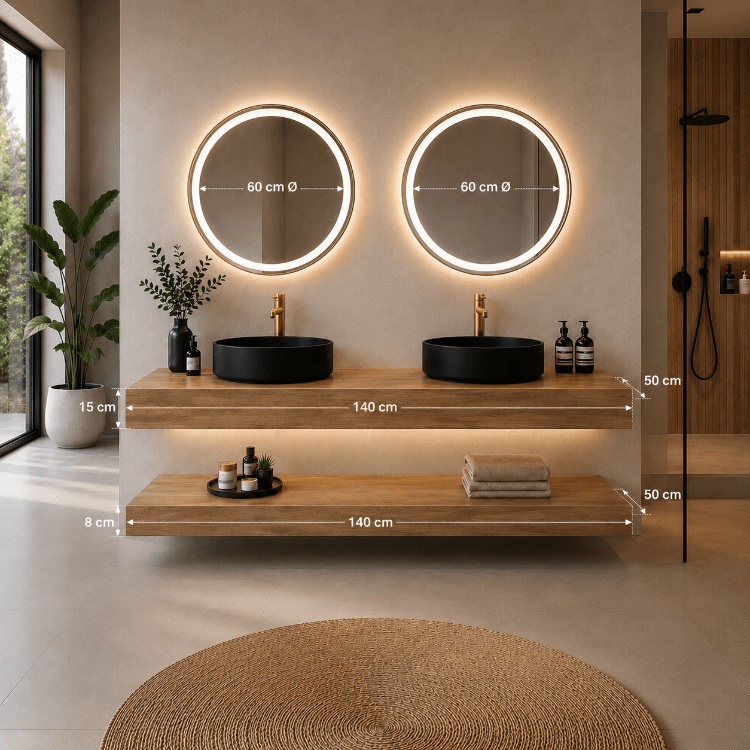 Mueble de baño encimera 2 lavabos redondos 140 + espejos led Mauricio Gold - Vintahome