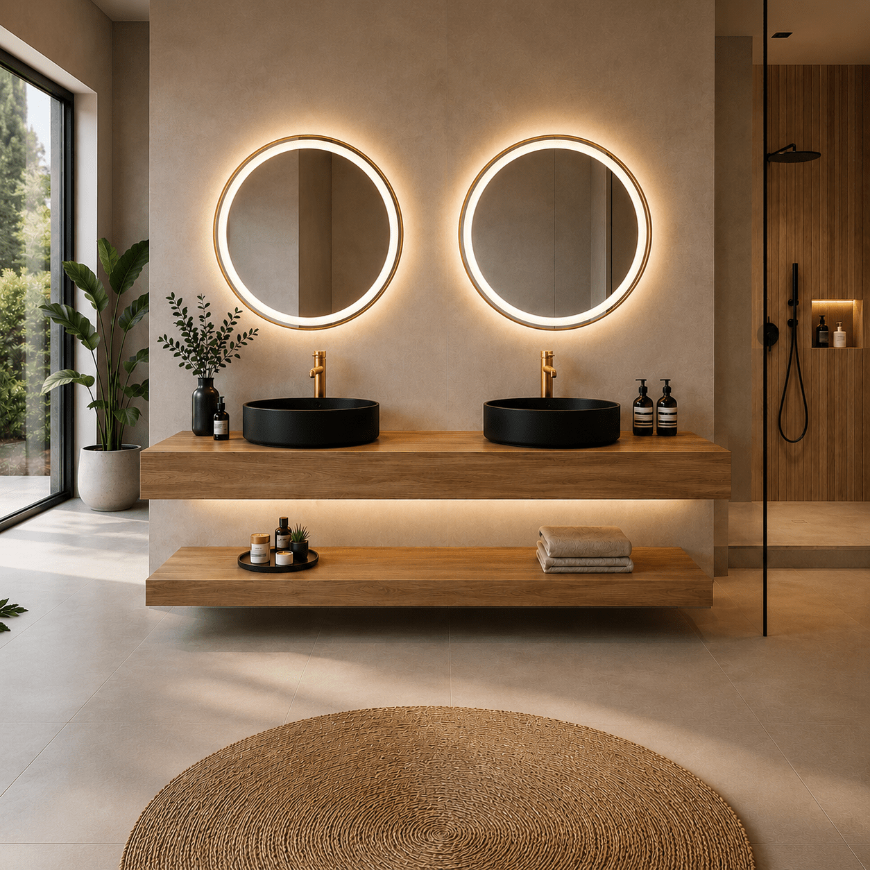 Mueble de baño encimera 2 lavabos redondos 140 + espejos led Mauricio Gold - Vintahome