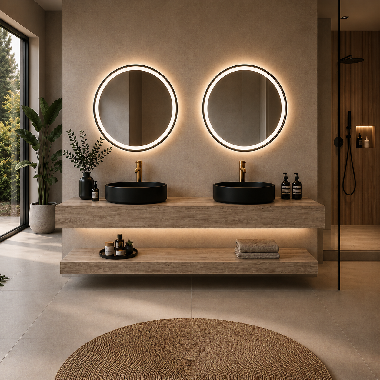 Opzet badkamermeubel met 2 ronde wastafels 140 + LED spiegels Mauricio Gold - Vintahome