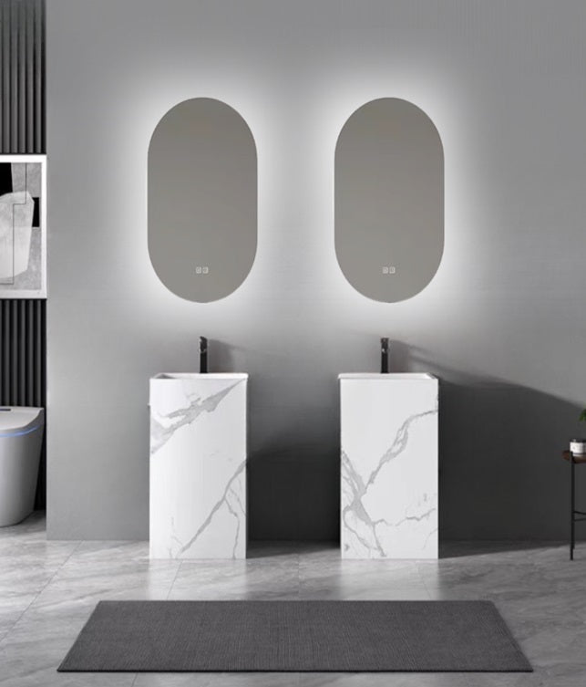 Mueble de baño lavabo pie piedra sinterizada y espejo led Salma
