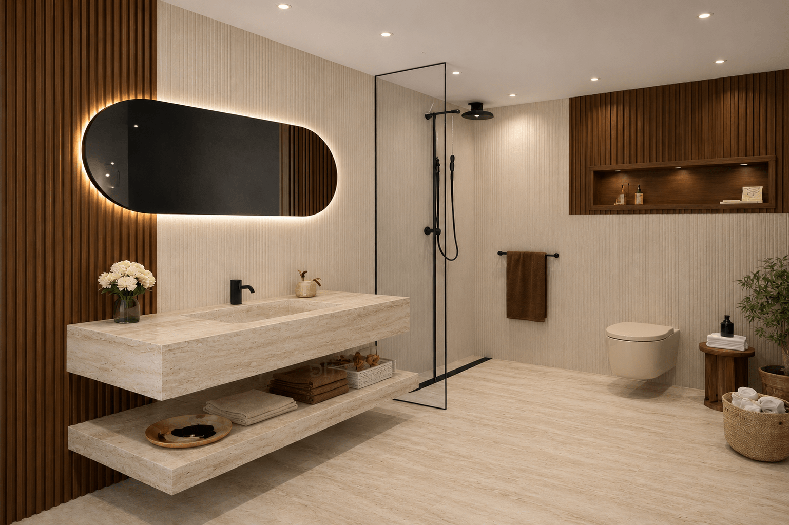 Móvel de banheiro Nora 140 com espelho LED antiembaçante em travertino fosco - Vintahome