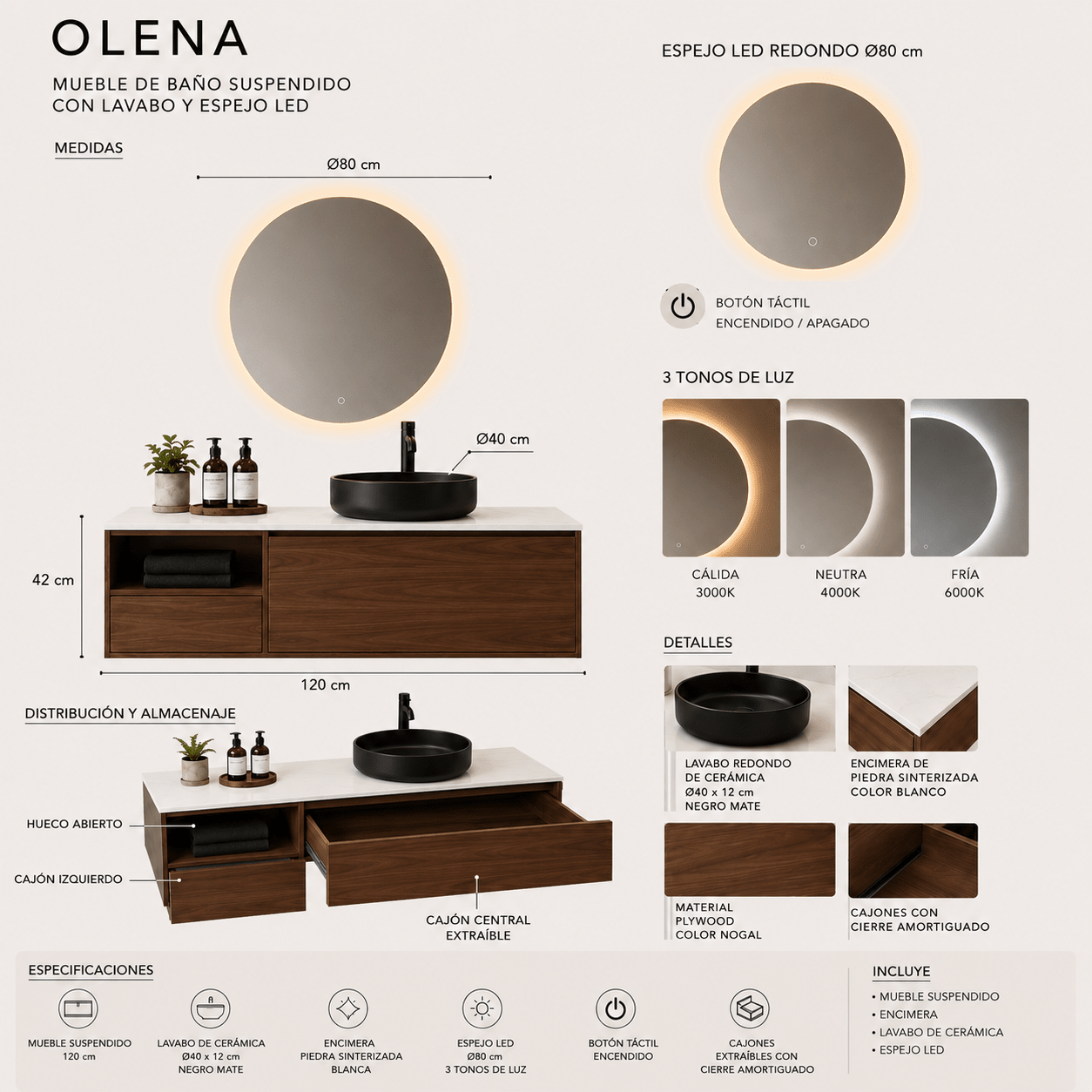 Mueble de Baño Olena 120 cm con Lavabo Redondo Negro y Espejo LED - Vintahome