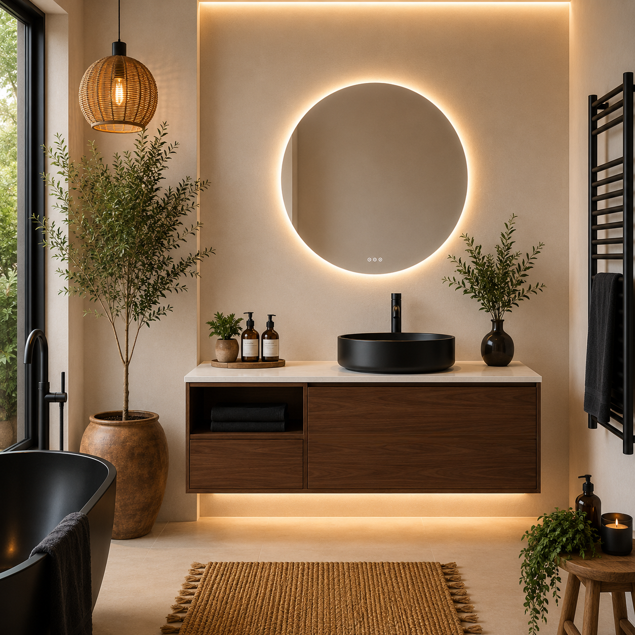 Mueble de Baño Olena 120 cm con Lavabo Redondo Negro y Espejo LED - Vintahome