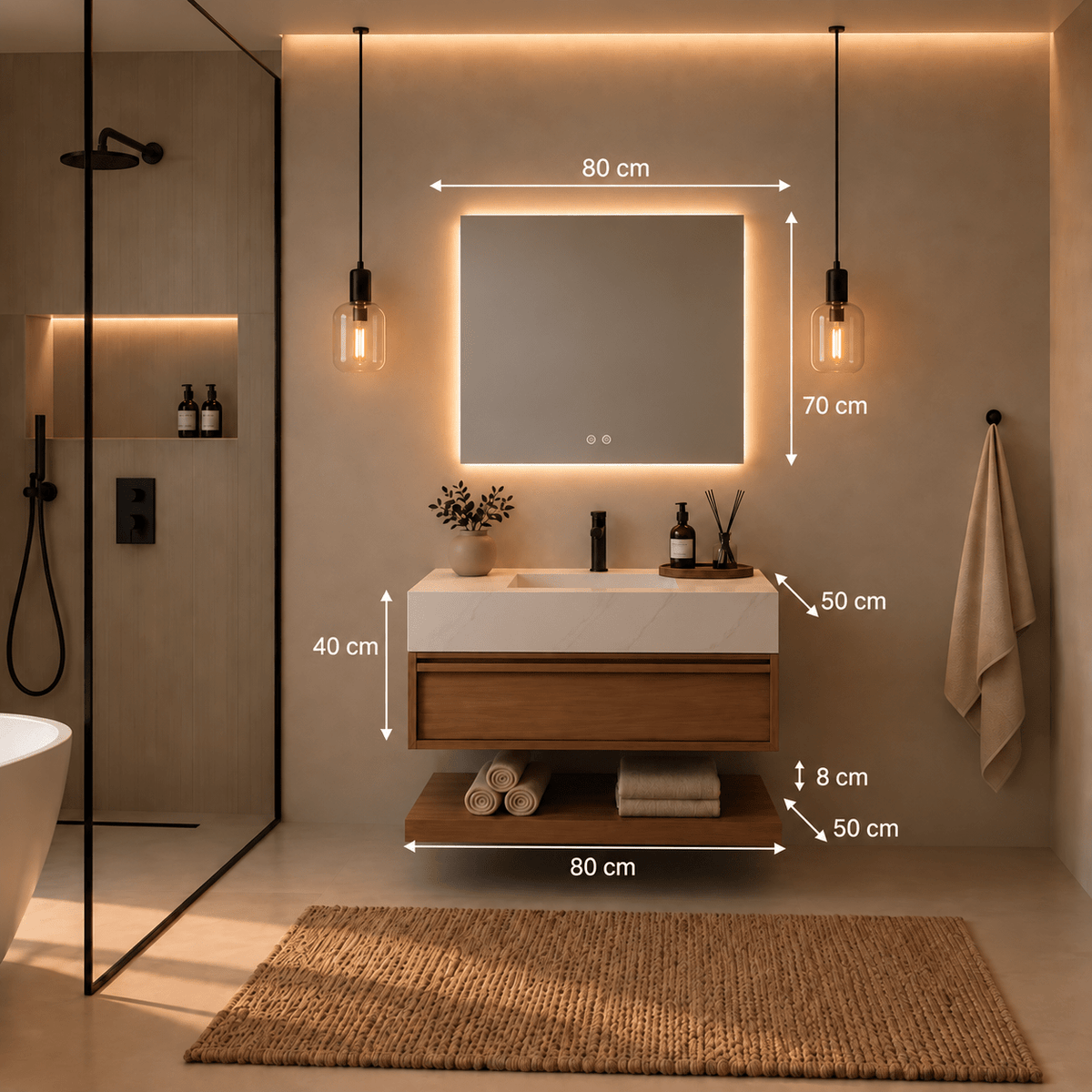 Meuble de salle de bain suspendu Alira 4 pièces finition noyer, pierre frittée et miroir LED - Vintahome