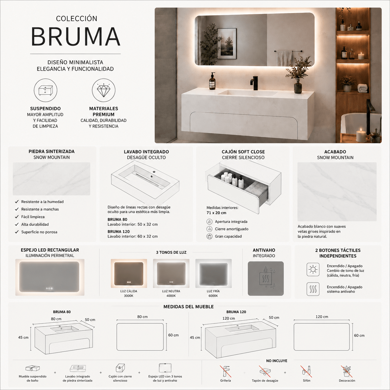 Hängende Badezimmermöbel Bruma mit integriertem Waschbecken und LED-Spiegel - Vintahome