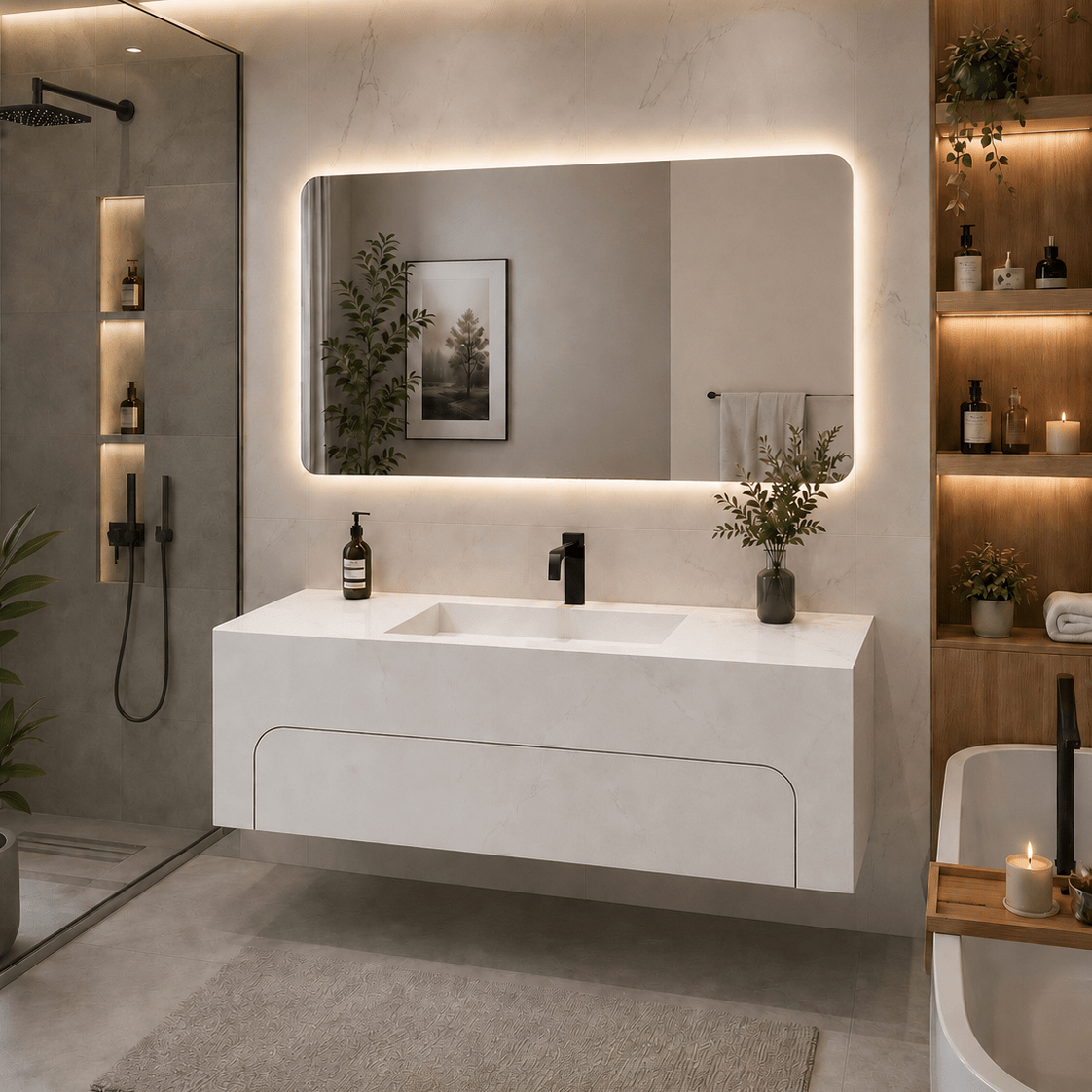 Mueble de baño suspendido bruma con lavabo integrado y espejo Led - Vintahome