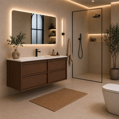 Mueble de baño suspendido KENTO 120 con espejo LED y lavabo Calacatta - Vintahome
