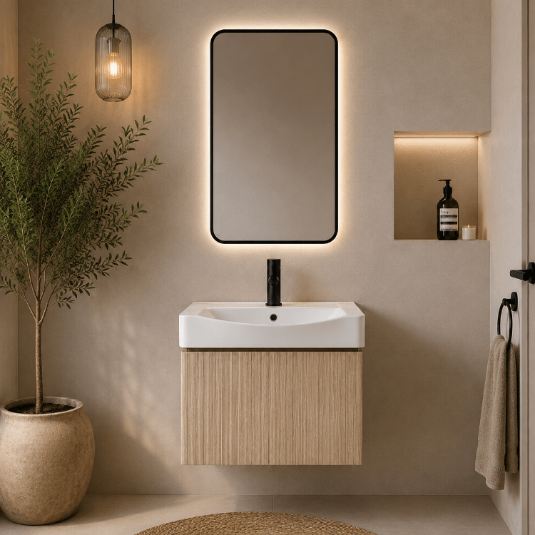 Mueble de baño suspendido NORI 50 con espejo LED y lavabo cerámico - Vintahome