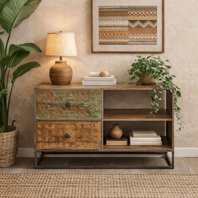 Mueble Tv industrial madera mango tallado Orion - Vintahome