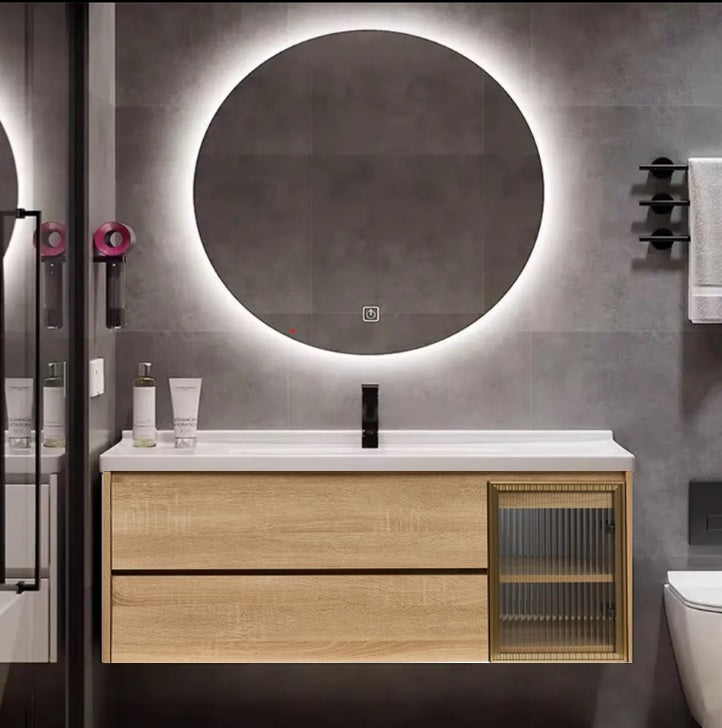 Meuble de salle de bain 2 tiroirs et porte avec lavabo et miroir LED Carpio 