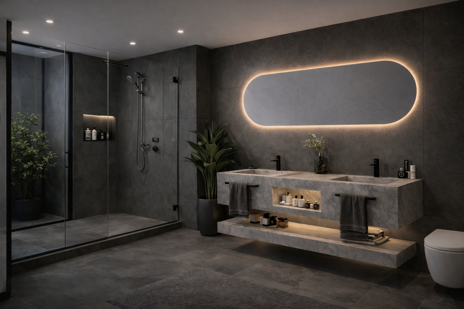 Mueble de baño MILOR con doble lavabo de piedra sinterizada y espejo oval LED
