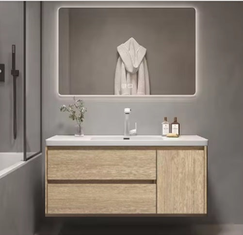 Meuble de salle de bain 2 tiroirs et porte avec lavabo et miroir LED Carpio 