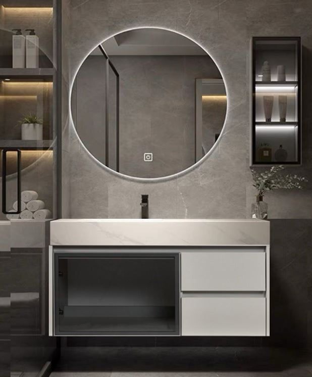 Meuble de salle de bain 2 tiroirs et porte avec lavabo et miroir LED Carpio 