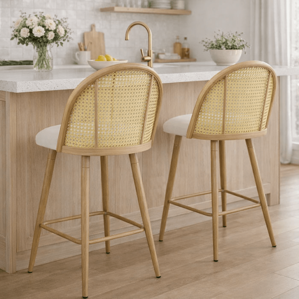 Confezione da 2 sgabelli da bistrot in rattan sedile imbottito Muler Natural 65 cm - Liquidazione - Vintahome
