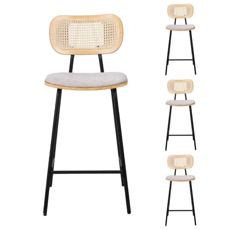 Pack 4 Taburete de bar H65 madera natural, ratán y tela beige Alan - Vintahome