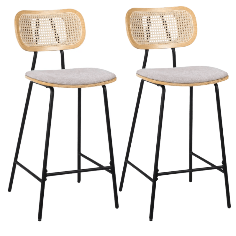 Pack de 2 taburetes de bar H65 madera natural, ratán y tela beige Alan - Vintahome