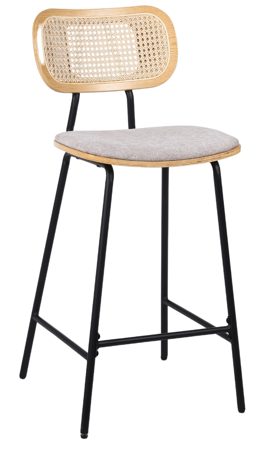 Pack de 2 taburetes de bar H65 madera natural, ratán y tela beige Alan - Vintahome