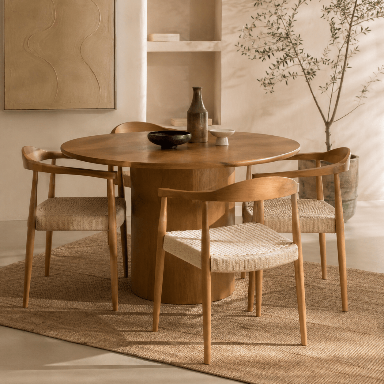 Silla de comedor reposabrazos madera y asiento enea Nevu natural - Vintahome