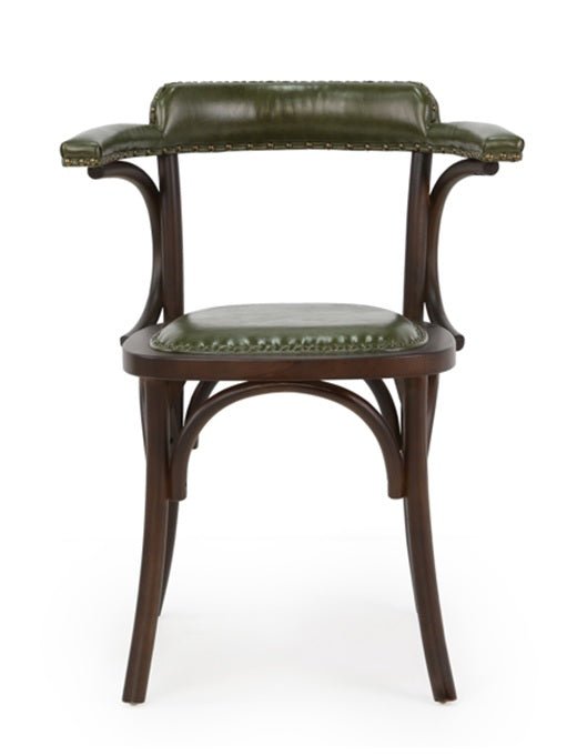 Chaise de bistrot vintage avec accoudoirs en bois et revêtement vert Bona